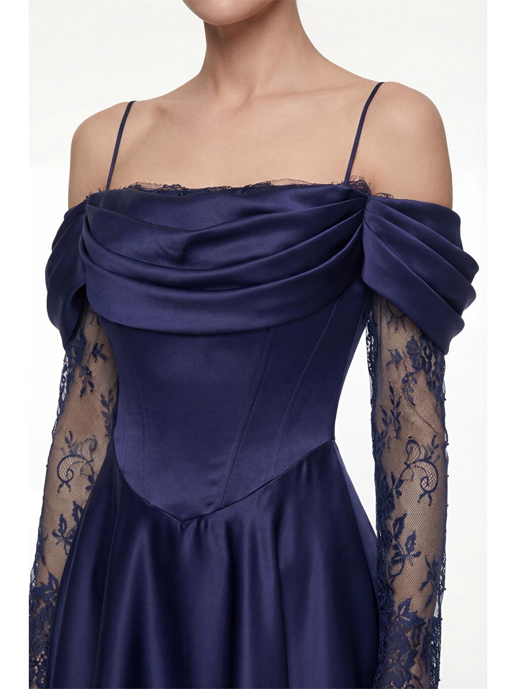 Kadın Lacivert Dar Kalıp Dantel Detaylı Midi Söz Nişan Nikah Abiye Elbise-2