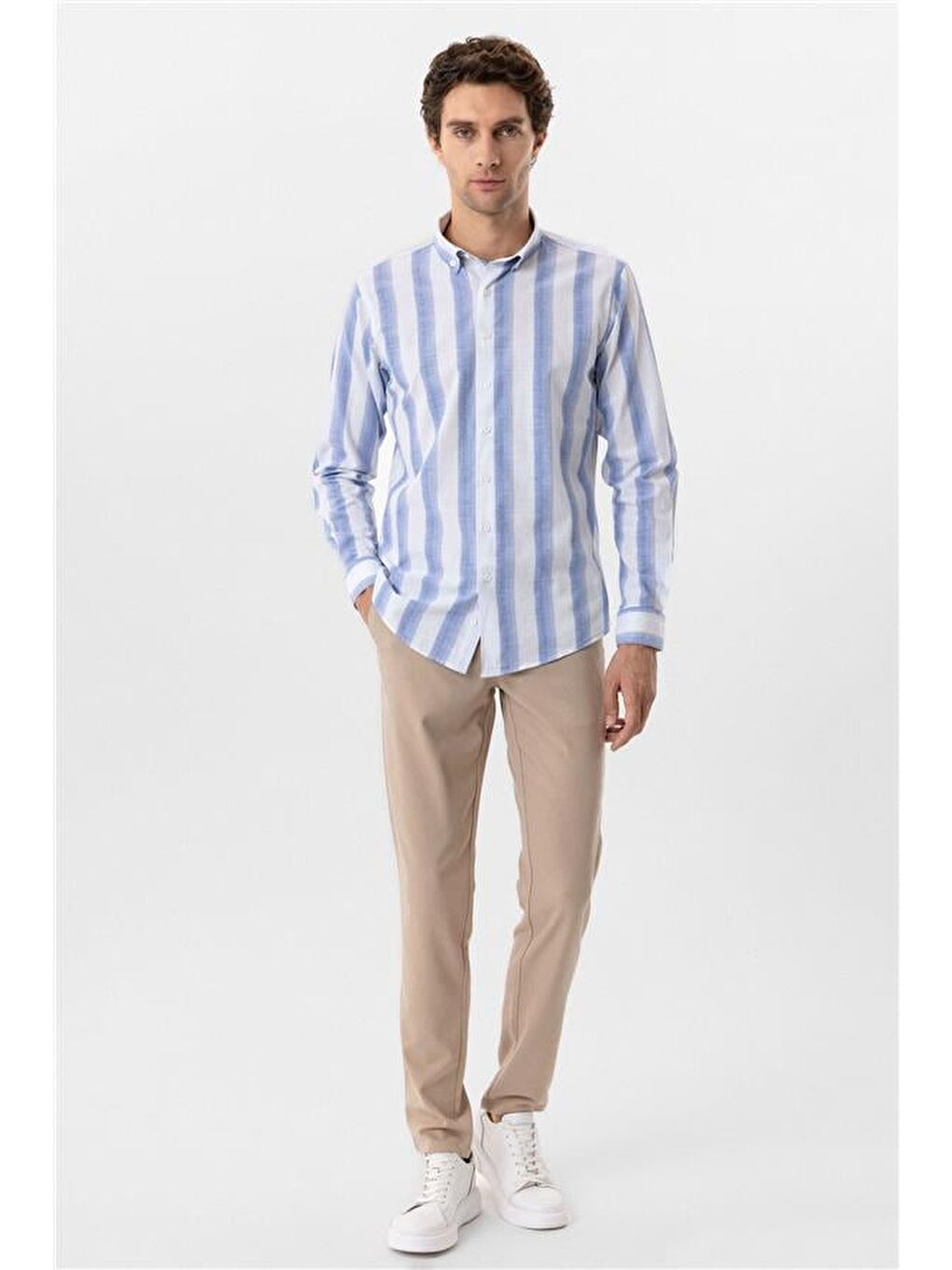 Mavi Slim Desenli Düğmeli Yaka Gömlek-2