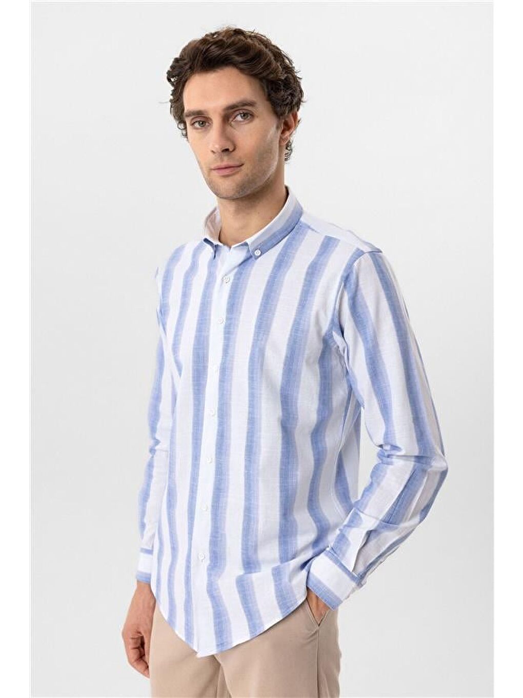 Mavi Slim Desenli Düğmeli Yaka Gömlek-3