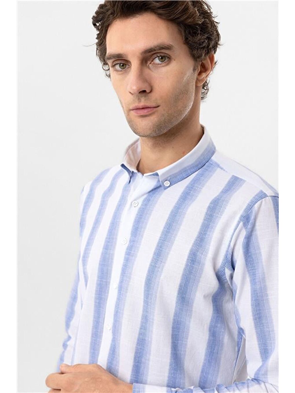 Mavi Slim Desenli Düğmeli Yaka Gömlek-4