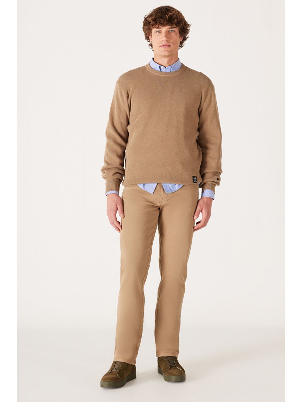 Bej Regular Fit Normal Kesim Bisiklet Yaka Camel Tirko Kazak-6