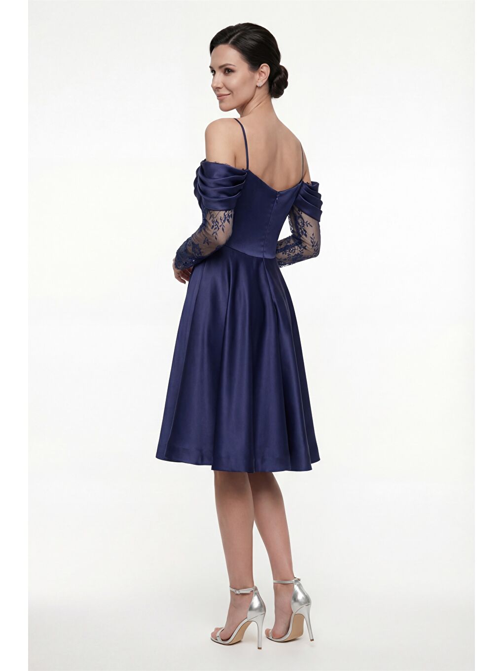 Kadın Lacivert Dar Kalıp Dantel Detaylı Midi Söz Nişan Nikah Abiye Elbise-4