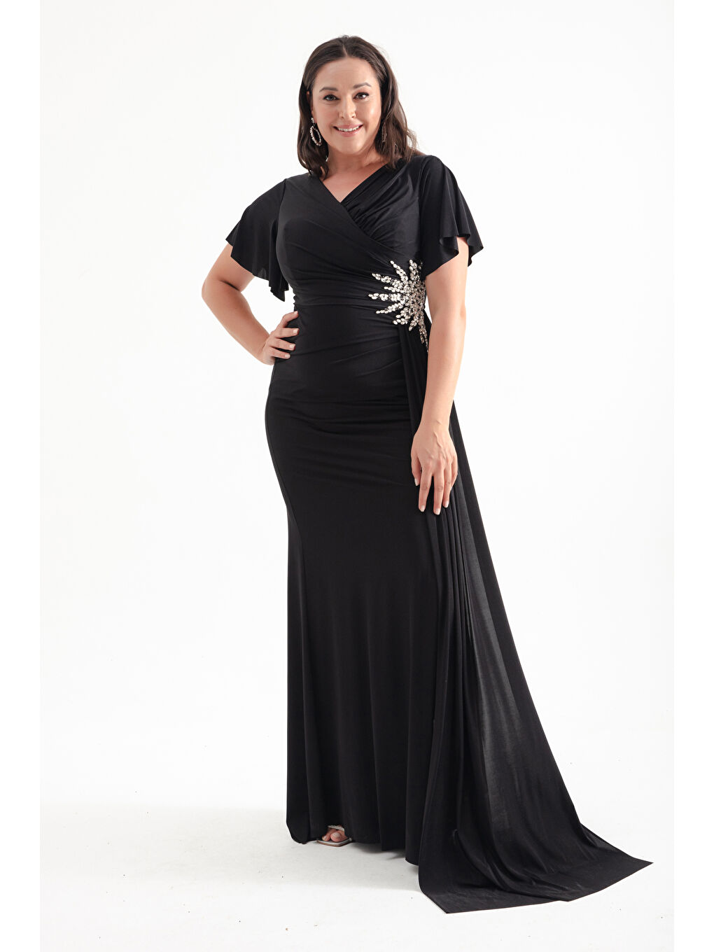 Kadın Siyah Kruvaze Yaka Taşlı Büyük Beden Abiye-1