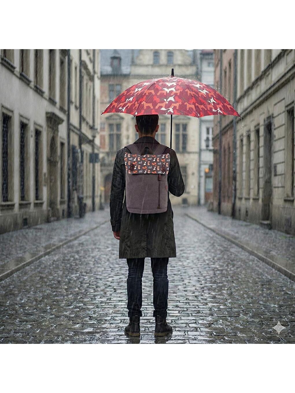 Gri Dogs 15" Laptop Çantası & Tam Otomatik Rüzgara Dayanıklı Köpek Desenli Şemsiye Set-1