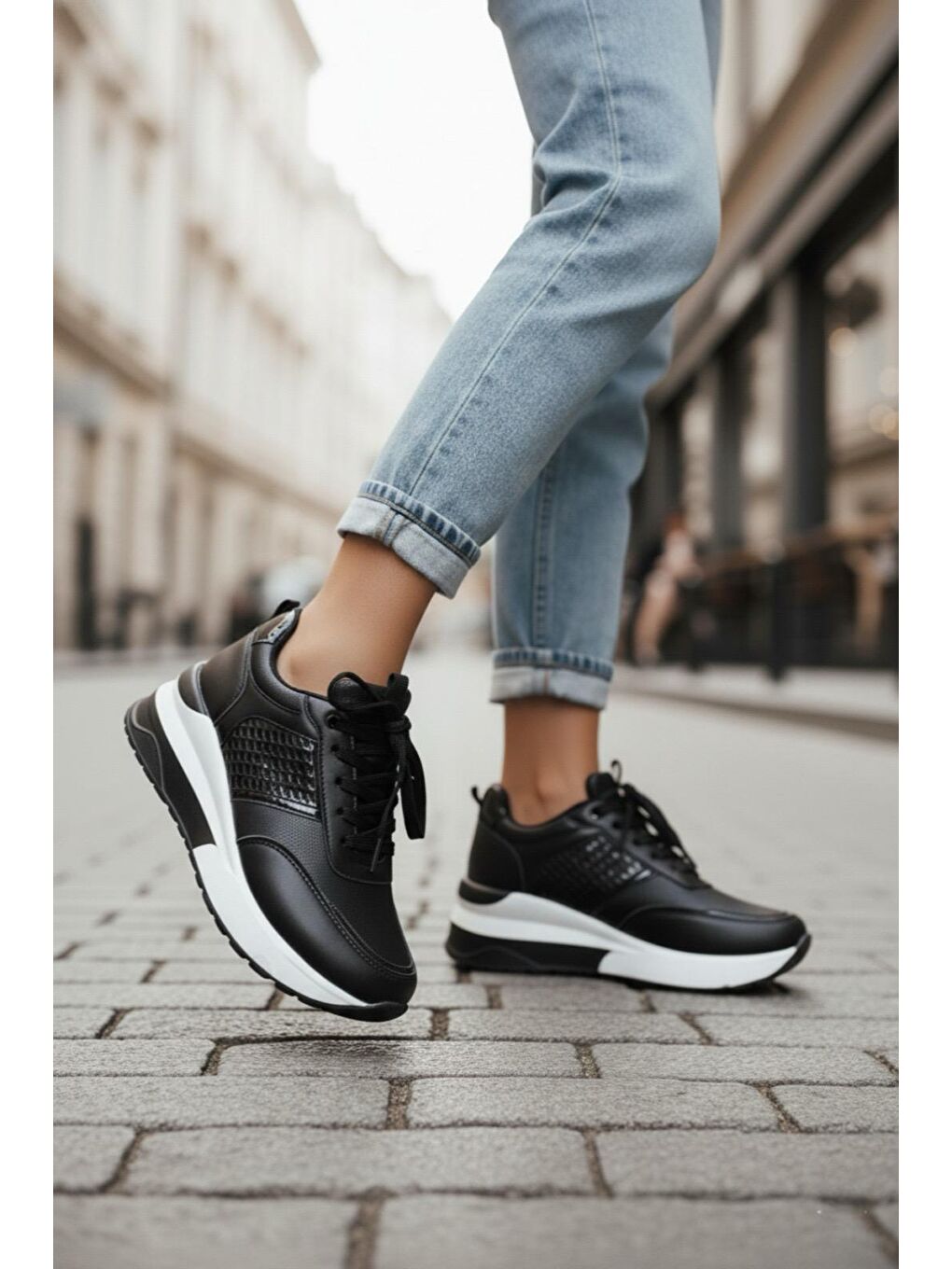 Beyaz Kadın Rowan Gizli Topuk Yüksek Taban Siyah Spor Ayakkabı-3