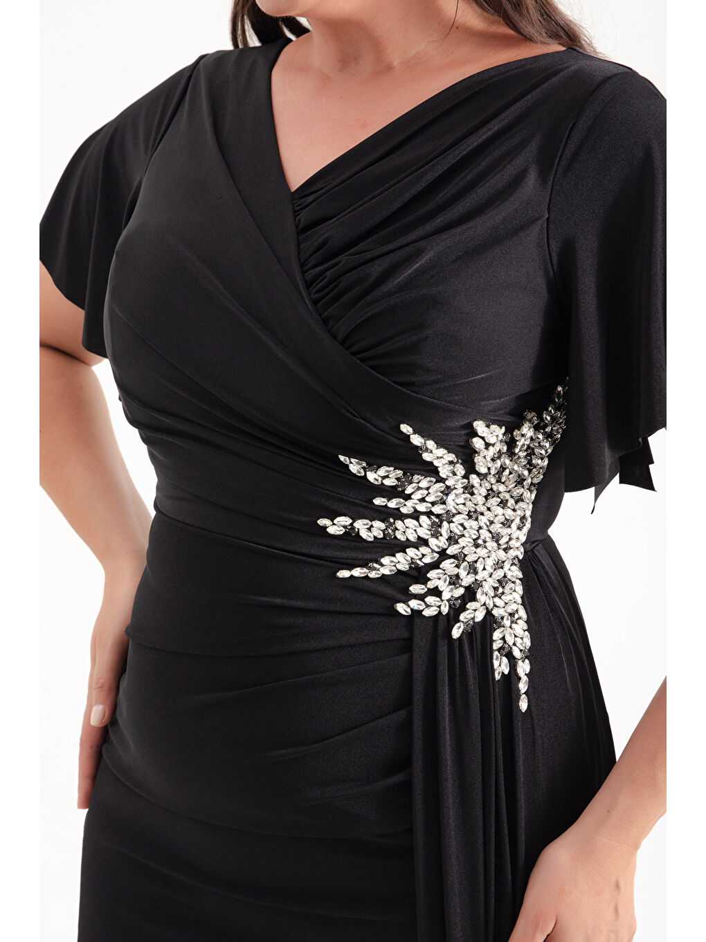 Kadın Siyah Kruvaze Yaka Taşlı Büyük Beden Abiye-3
