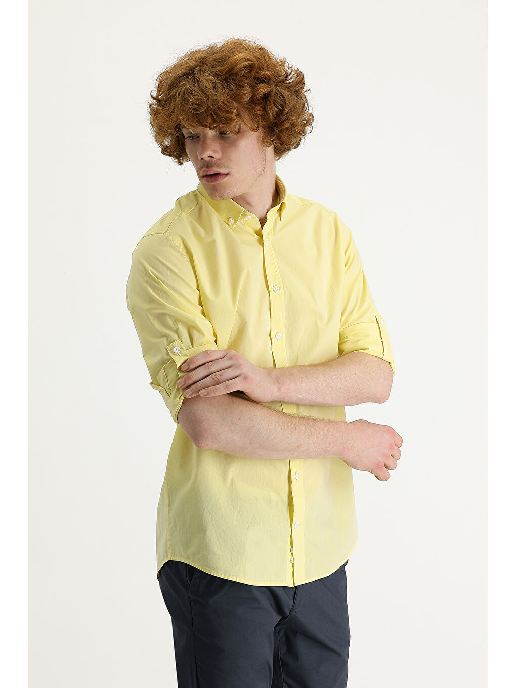Sarı Uzun Kol Slim Fit Dar Kesim Pamuk Gömlek