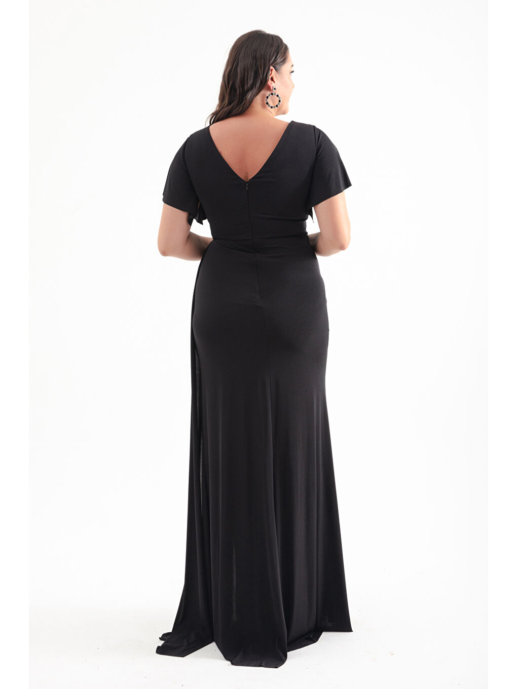 Kadın Siyah Kruvaze Yaka Taşlı Büyük Beden Abiye-4