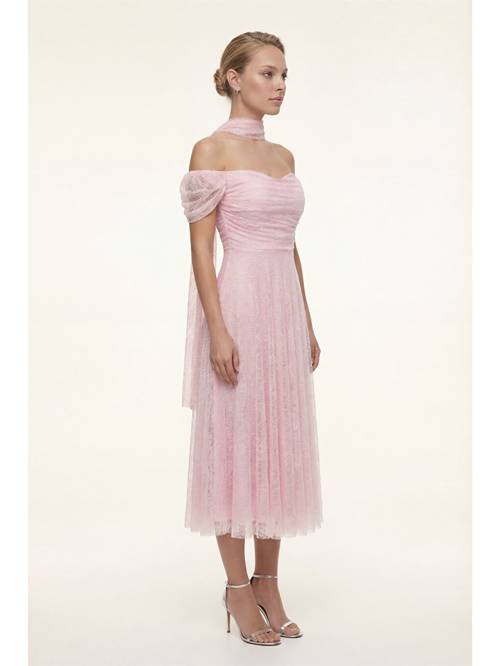 Pembe Kadın Pudra Dar Kalıp Kayık Yaka Dantelli Midi Söz Nişan Nikah Abiye-2