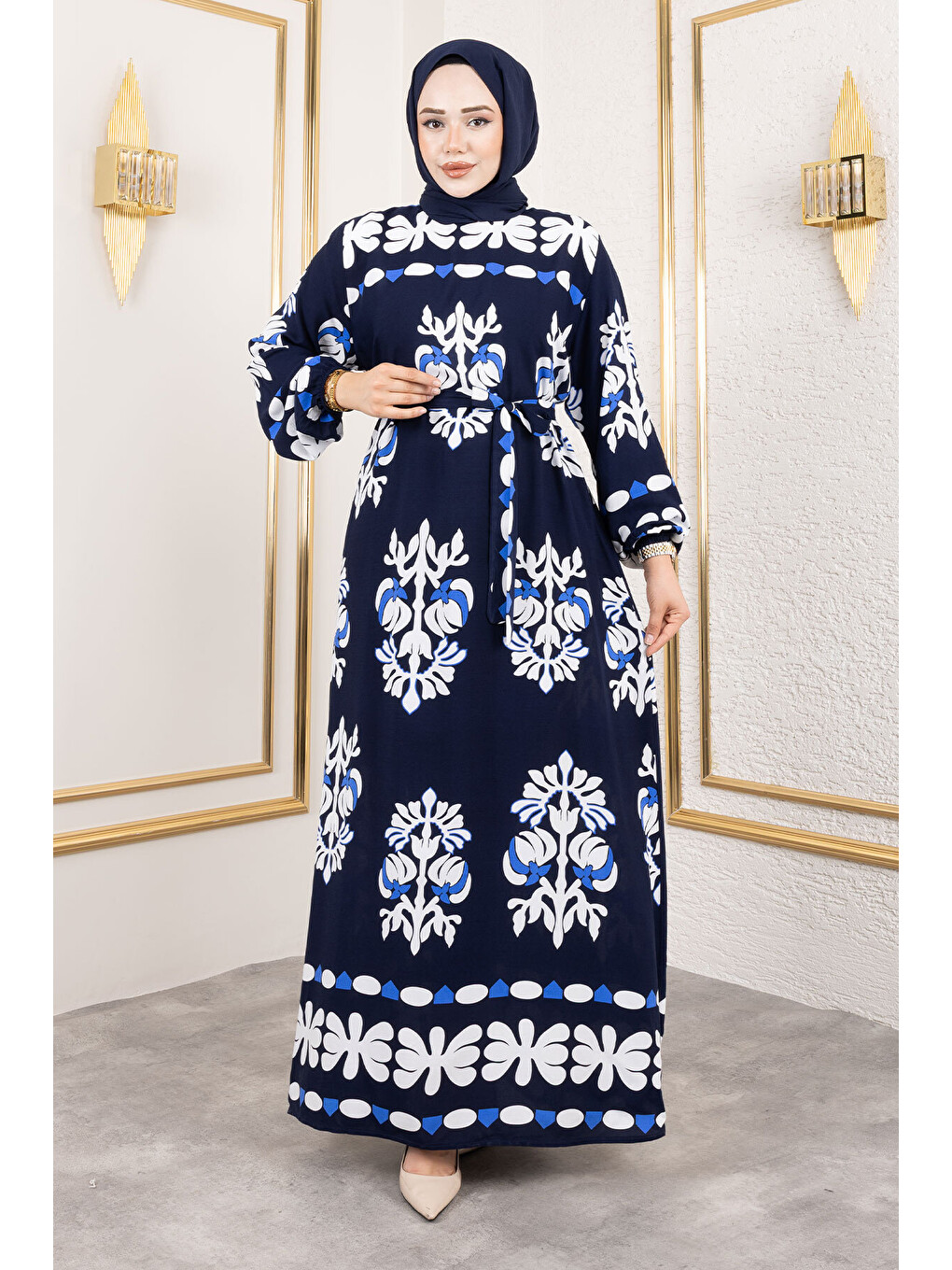 Şekilli Etnik Desenli Viskon Elbise TSD250193 Lacivert-3