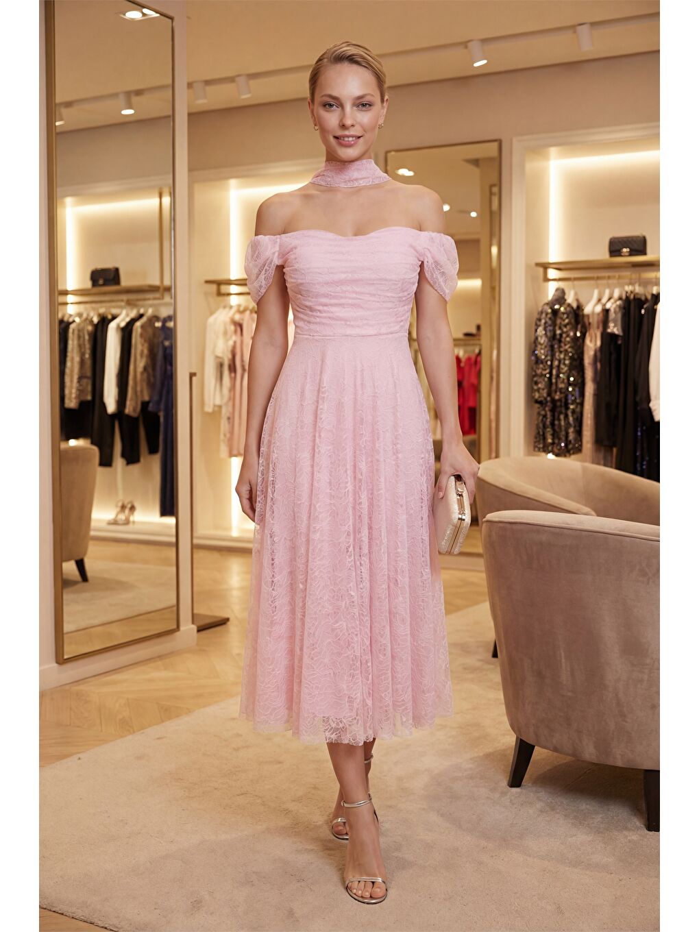 Pembe Kadın Pudra Dar Kalıp Kayık Yaka Dantelli Midi Söz Nişan Nikah Abiye-3