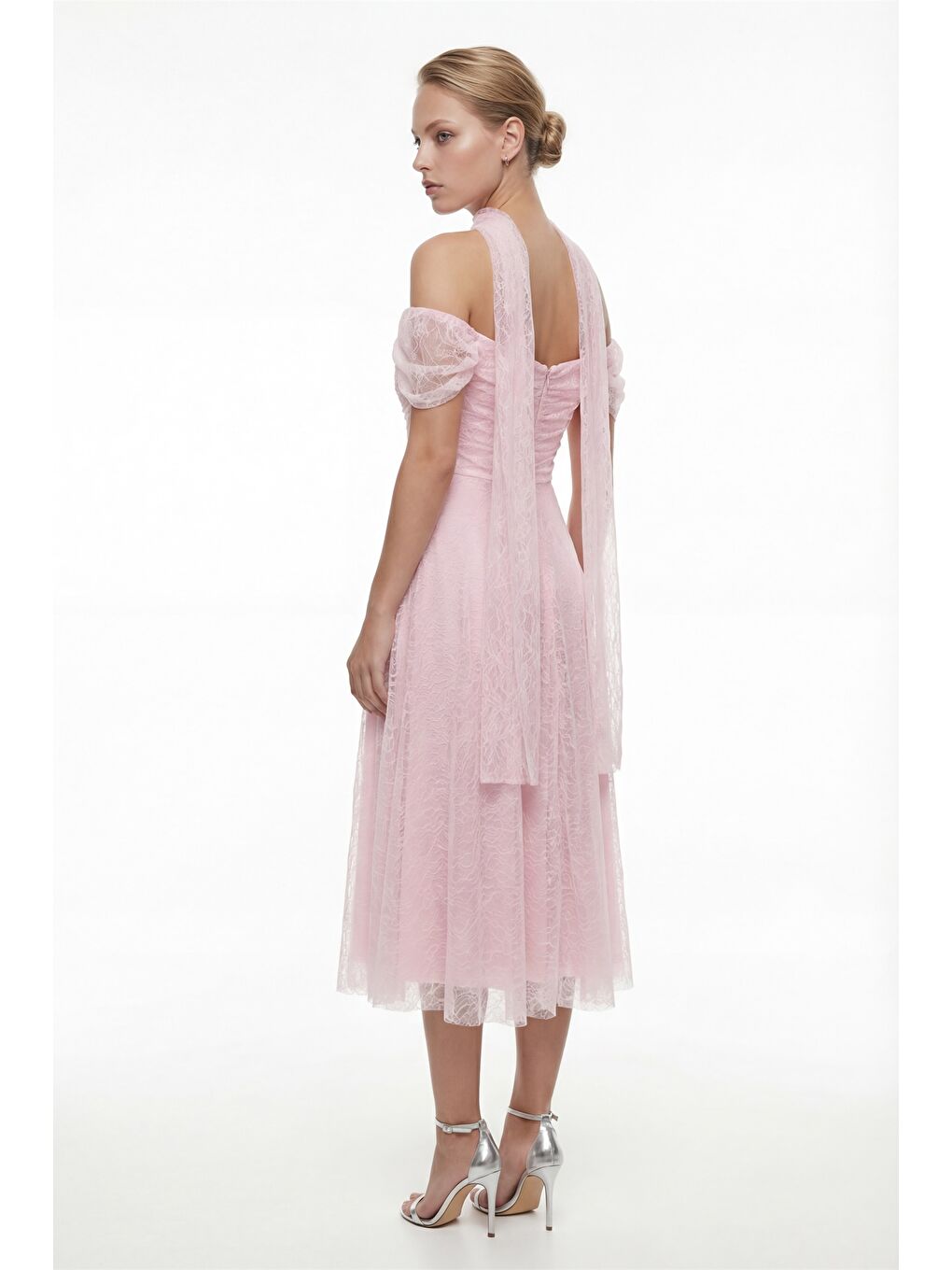 Pembe Kadın Pudra Dar Kalıp Kayık Yaka Dantelli Midi Söz Nişan Nikah Abiye-4