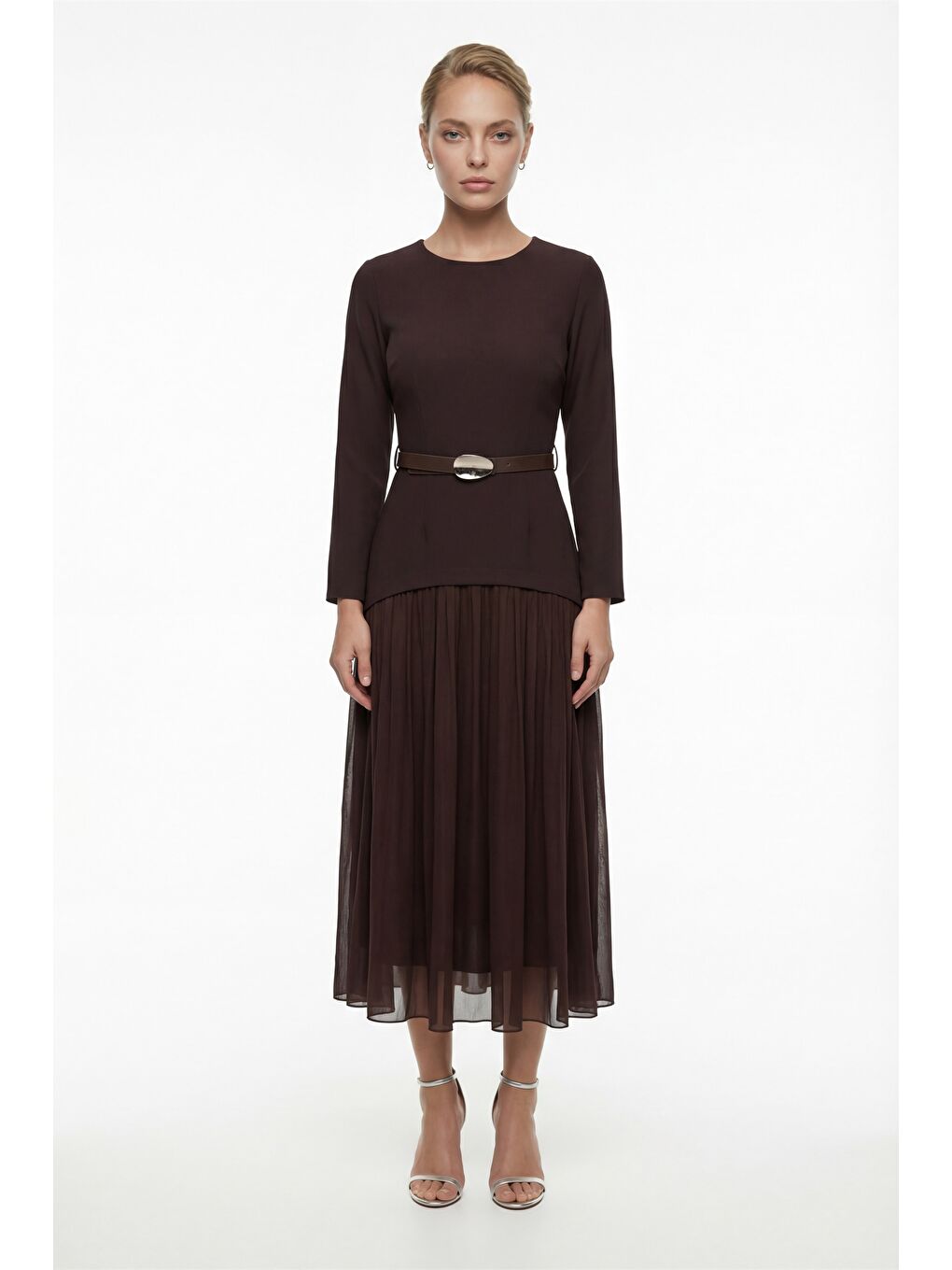 Kadın Kahverengi Kemerli Midi Abiye Elbise