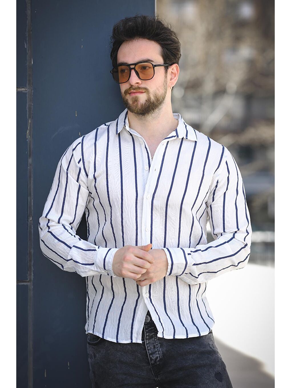 Beyaz Ht 9540006 Slim Fit Çizgili Uzun Kol Keten Erkek Gömlek