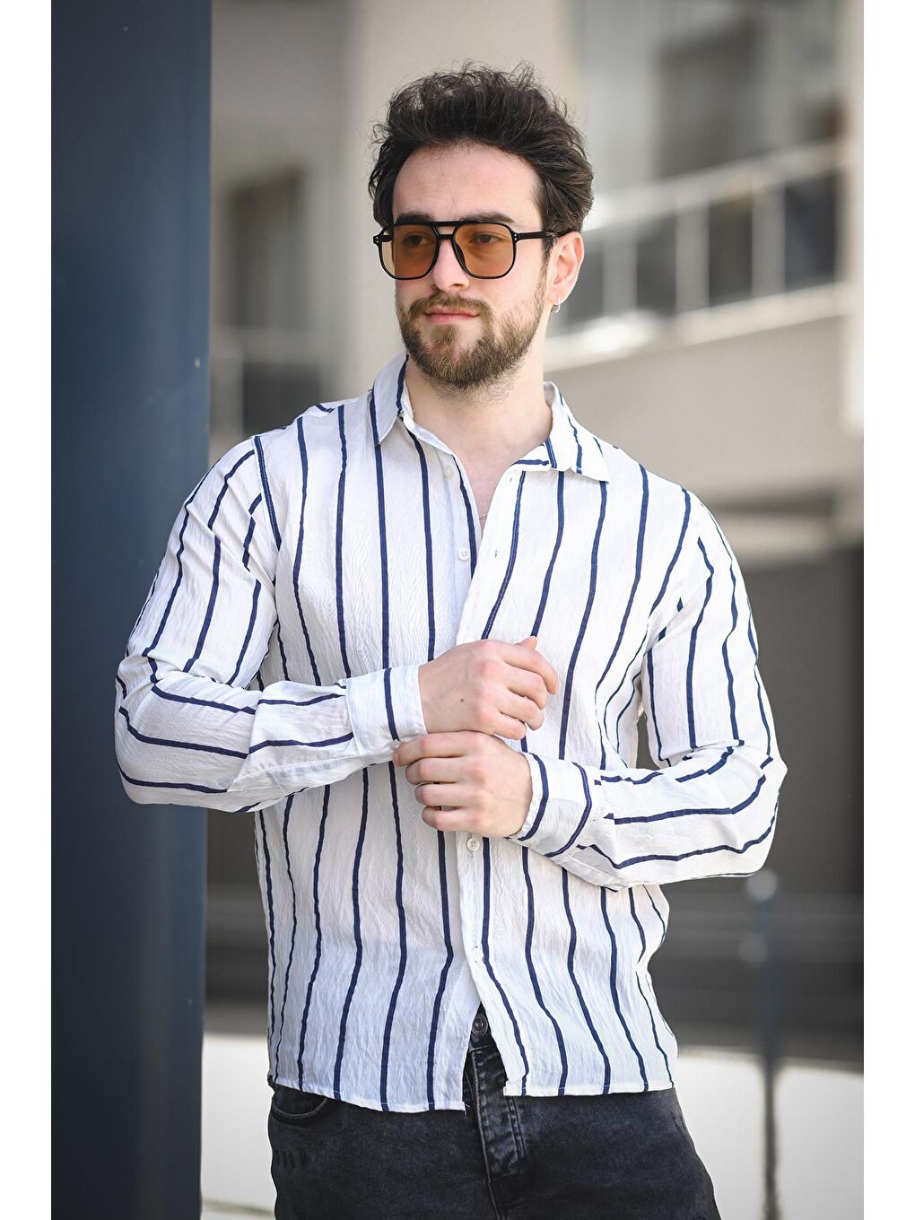 Beyaz Ht 9540006 Slim Fit Çizgili Uzun Kol Keten Erkek Gömlek-1