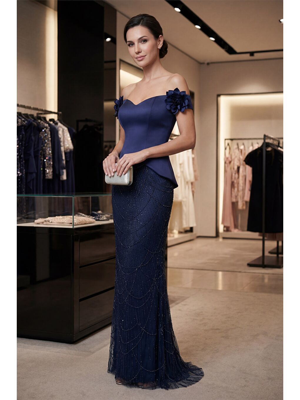 Kadın Lacivert Kayık Yaka Çiçek Detaylı Uzun Taşlı Abiye Elbise-3