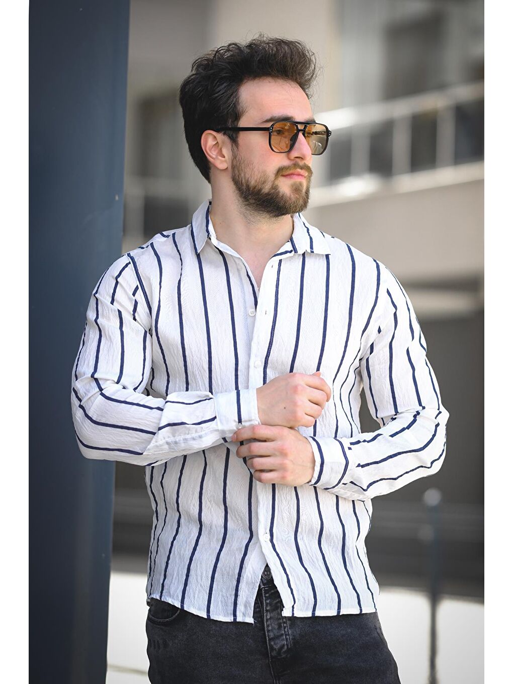 Beyaz Ht 9540006 Slim Fit Çizgili Uzun Kol Keten Erkek Gömlek-2