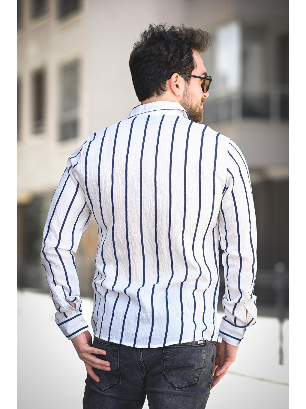 Beyaz Ht 9540006 Slim Fit Çizgili Uzun Kol Keten Erkek Gömlek-3