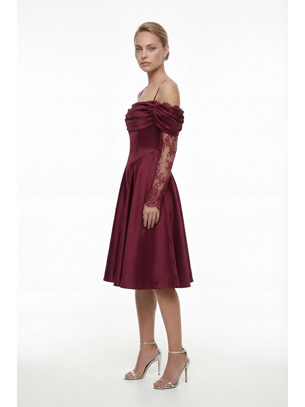 Kadın Bordo Dar Kalıp Dantel Detaylı Midi Söz Nişan Nikah Abiye Elbise-1