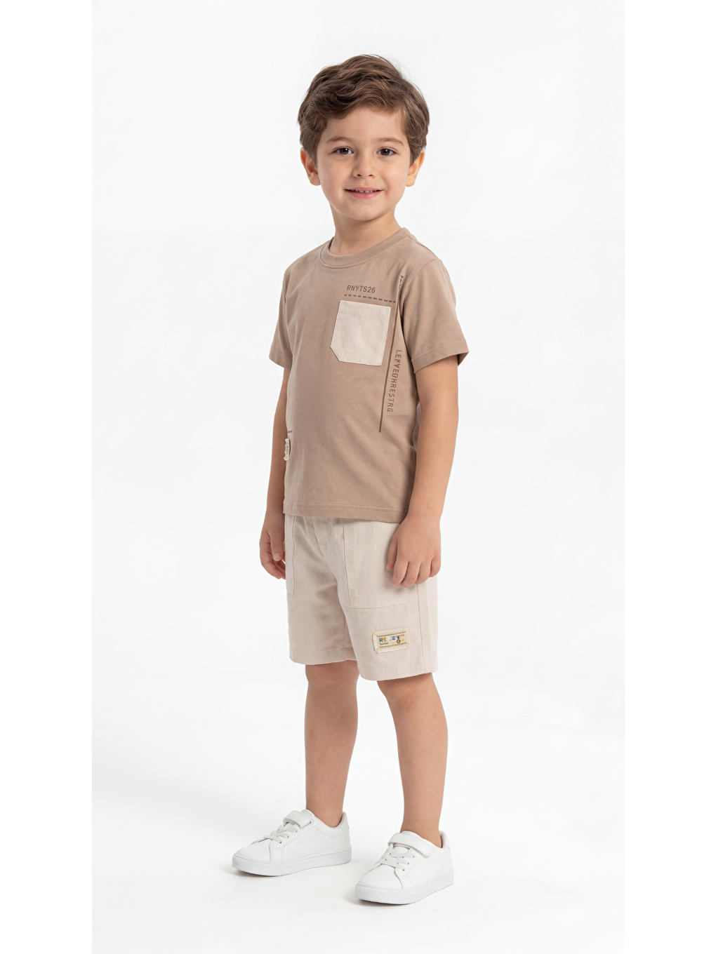 Kahverengi Keten Şortlu Baskılı Cepli Penye Erkek Çocuk Tişört-Şort Takım-1