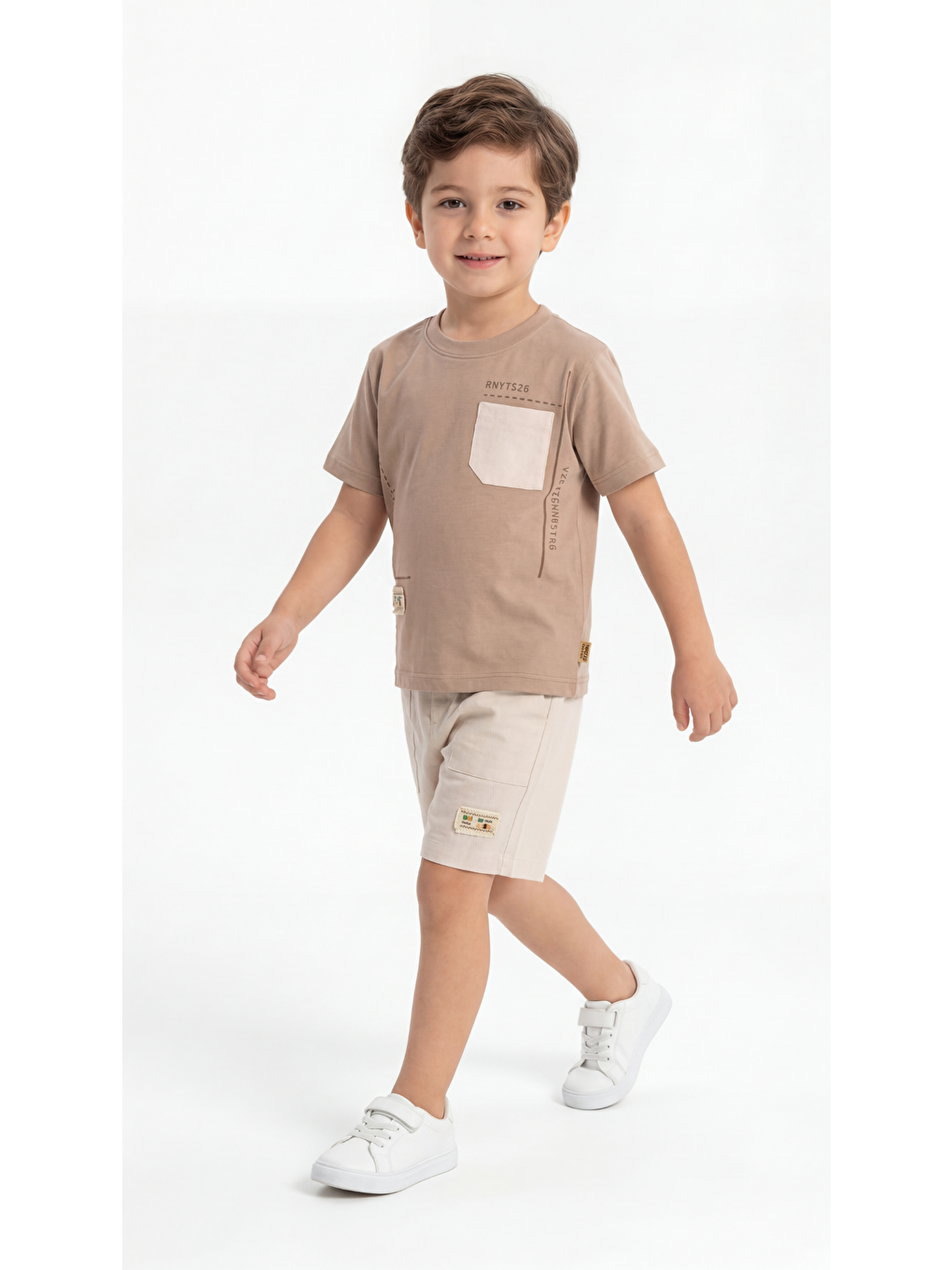 Kahverengi Keten Şortlu Baskılı Cepli Penye Erkek Çocuk Tişört-Şort Takım-2