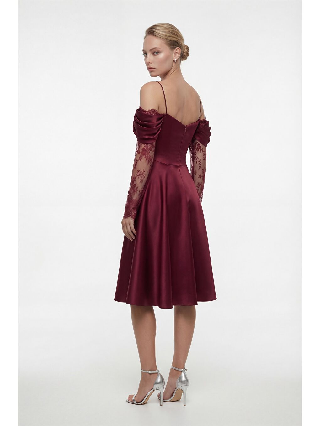 Kadın Bordo Dar Kalıp Dantel Detaylı Midi Söz Nişan Nikah Abiye Elbise-4