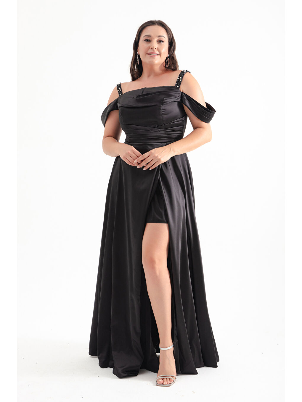 Kadın Siyah Taş Askılı Drapeli Büyük Beden Uzun Abiye Elbise-2