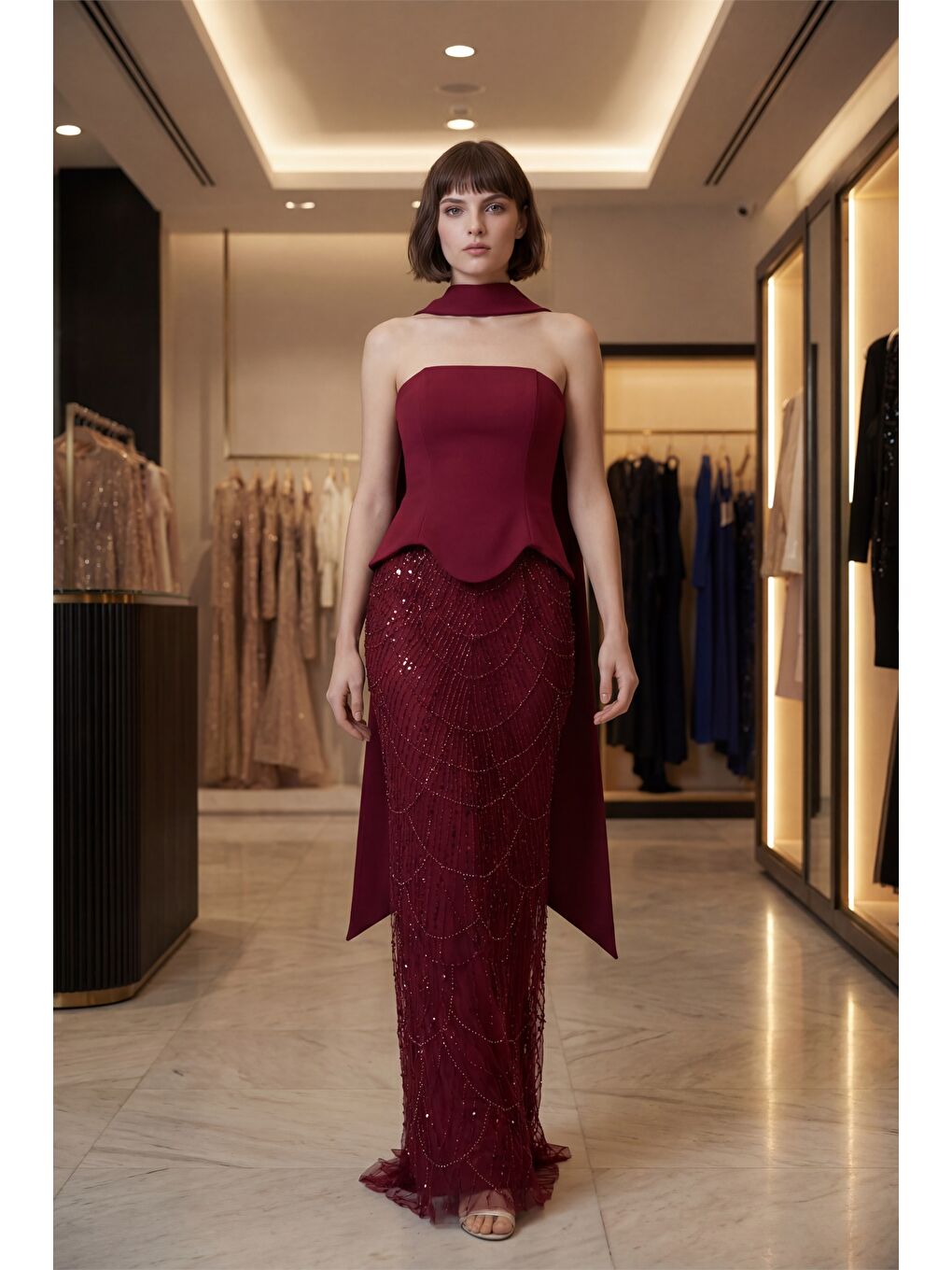 Kadın Bordo Dar Kalıp Straplez Taşlı Uzun Balık Abiye-4