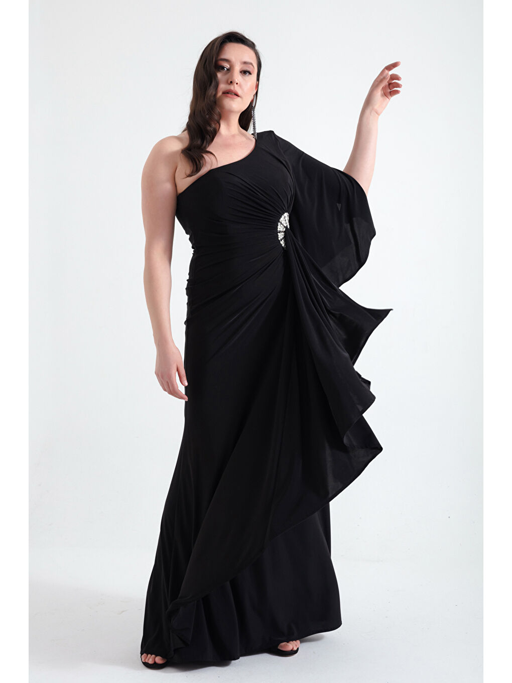 Kadın Siyah Tek Omuzlu Taş Detaylı Uzun Abiye Elbise-1