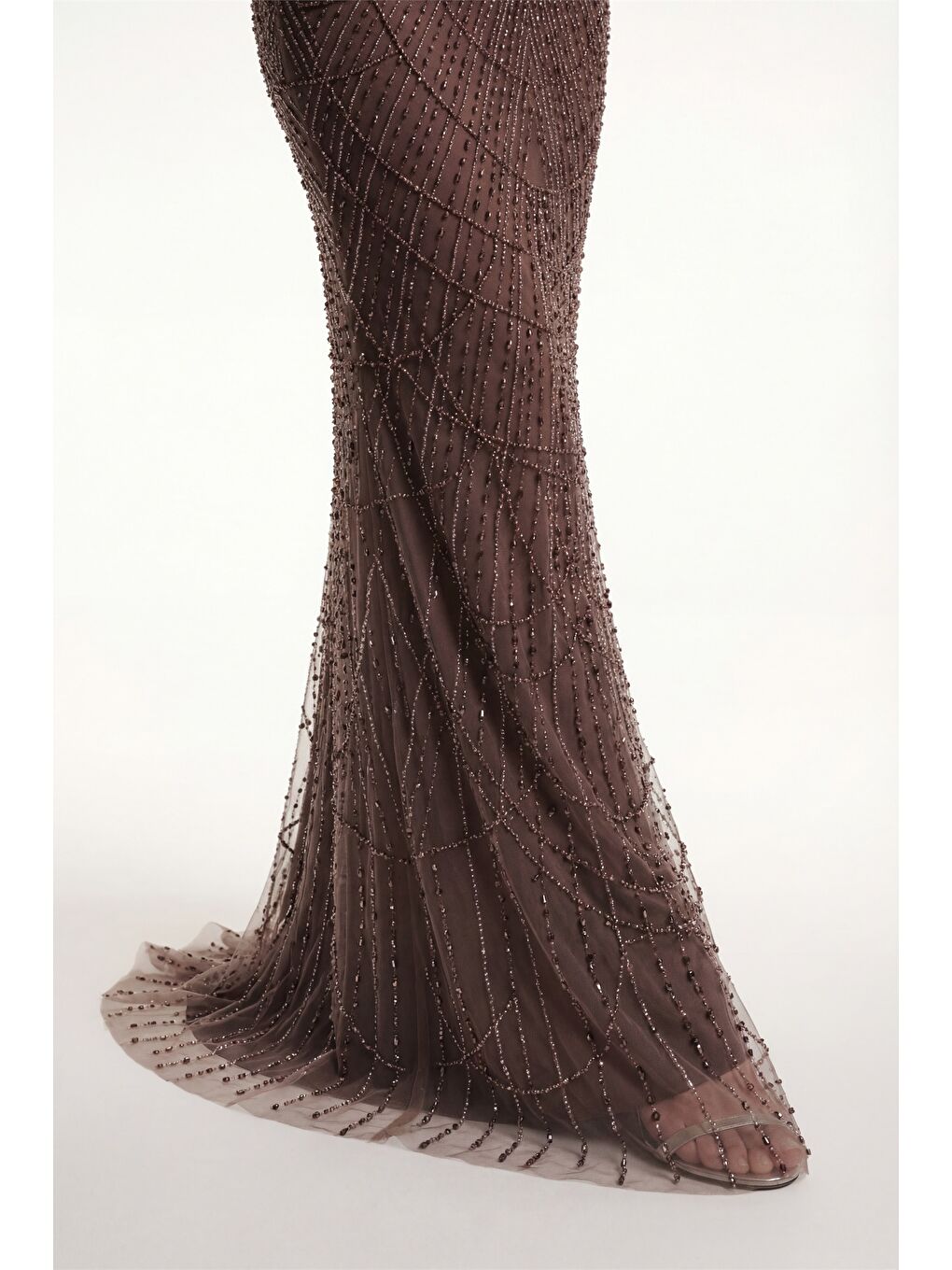Kadın Kahverengi Dar Kalıp Straplez Taşlı Uzun Balık Abiye-3