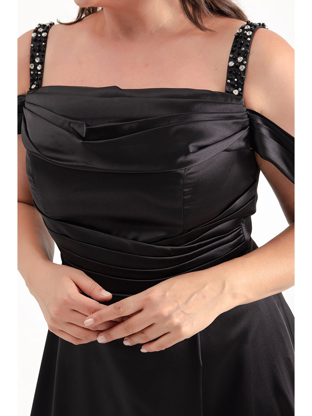 Kadın Siyah Taş Askılı Drapeli Büyük Beden Uzun Abiye Elbise-3