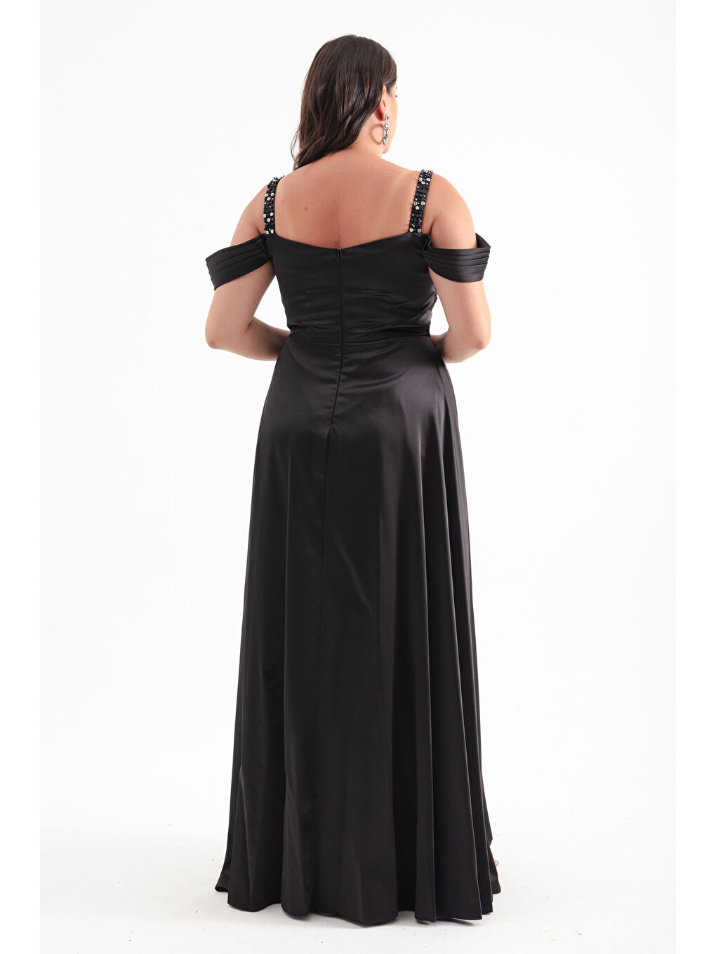 Kadın Siyah Taş Askılı Drapeli Büyük Beden Uzun Abiye Elbise-4