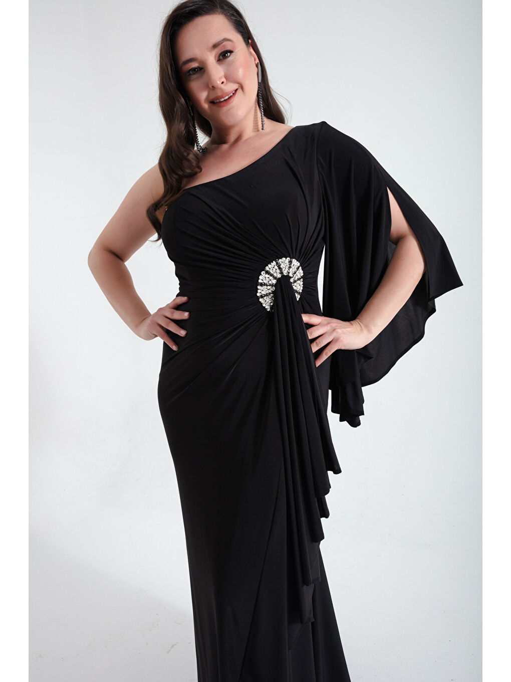Kadın Siyah Tek Omuzlu Taş Detaylı Uzun Abiye Elbise-2
