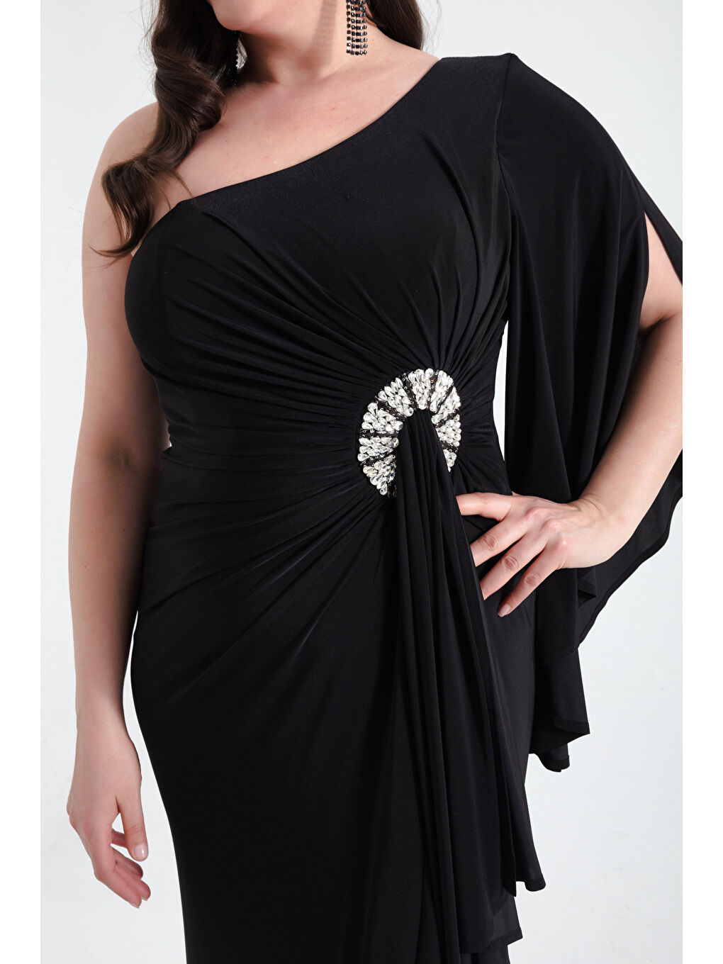 Kadın Siyah Tek Omuzlu Taş Detaylı Uzun Abiye Elbise-3