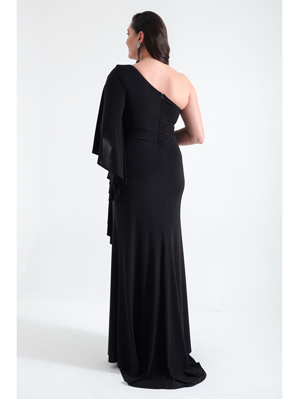 Kadın Siyah Tek Omuzlu Taş Detaylı Uzun Abiye Elbise-4