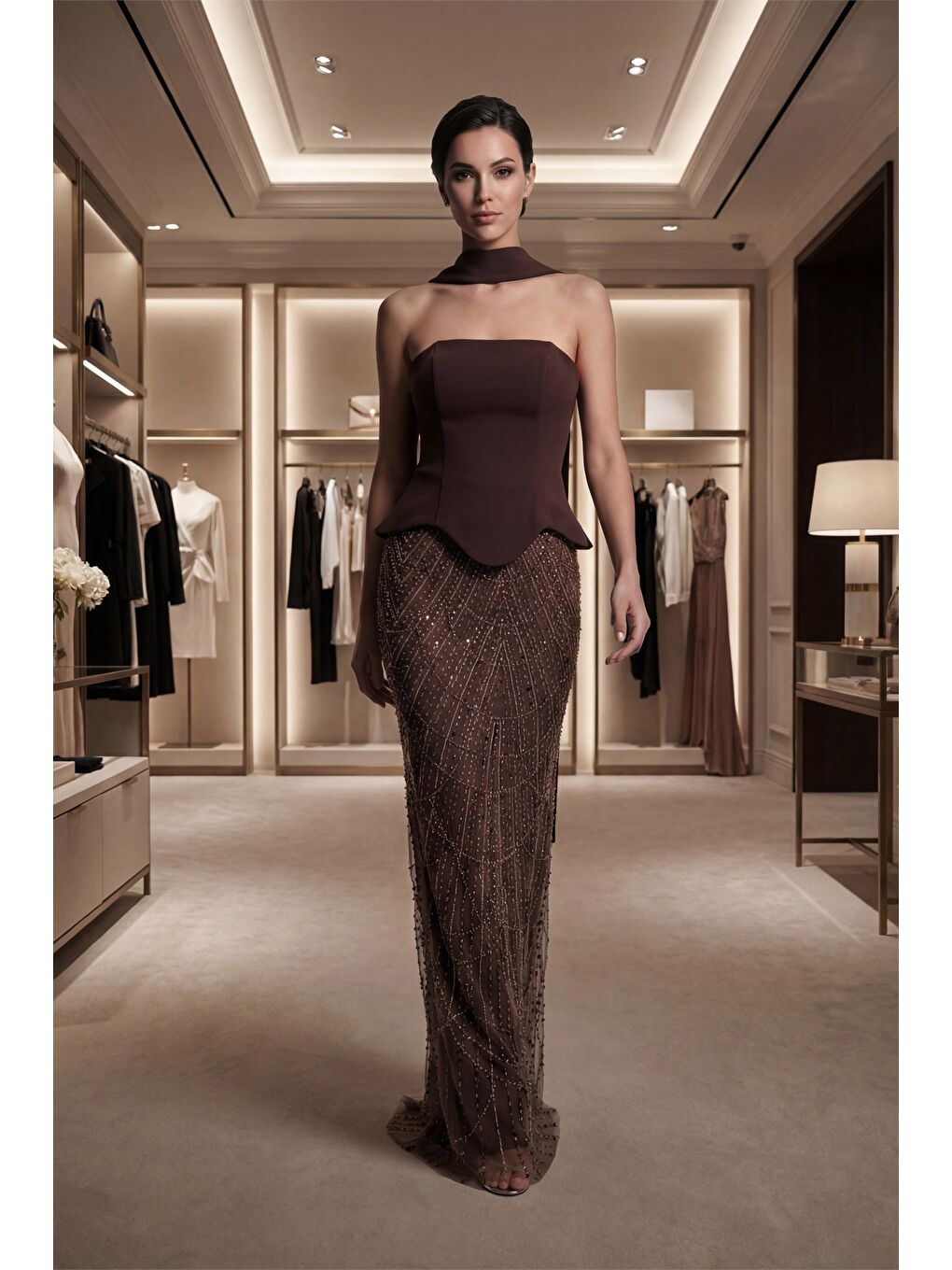 Kadın Kahverengi Dar Kalıp Straplez Taşlı Uzun Balık Abiye-4