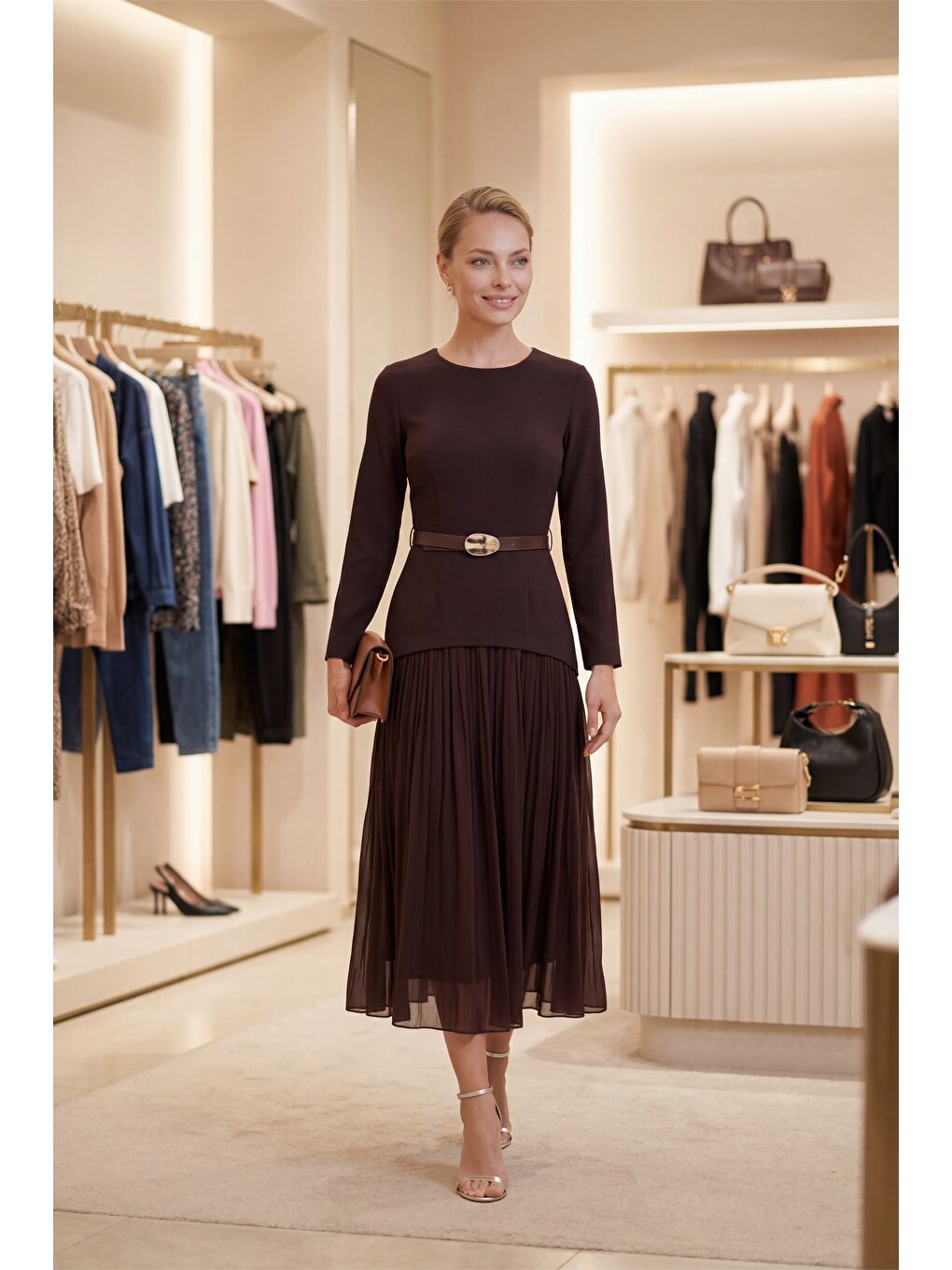 Kadın Kahverengi Kemerli Midi Abiye Elbise-4