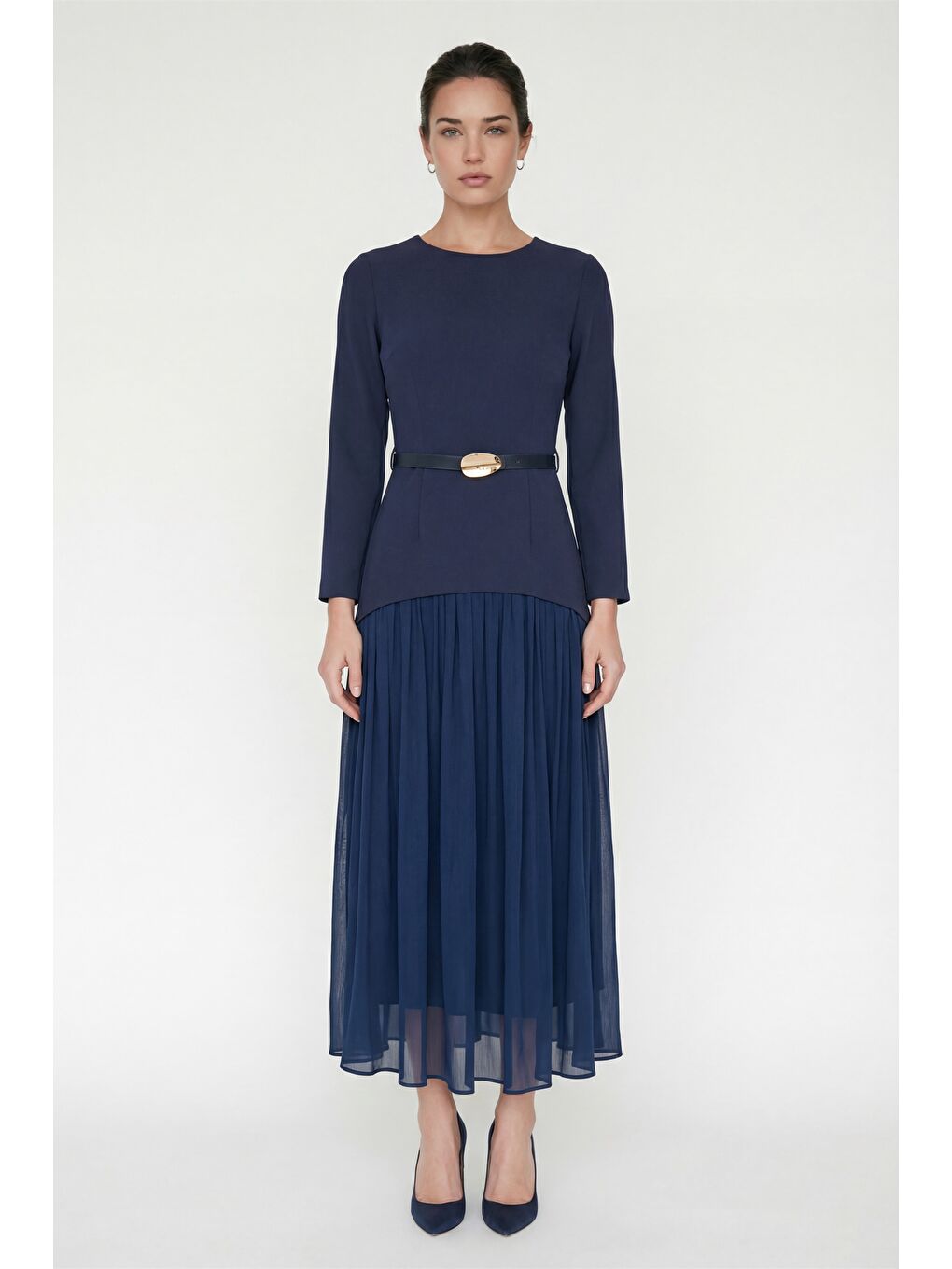 Kadın Lacivert Kemerli Midi Abiye Elbise
