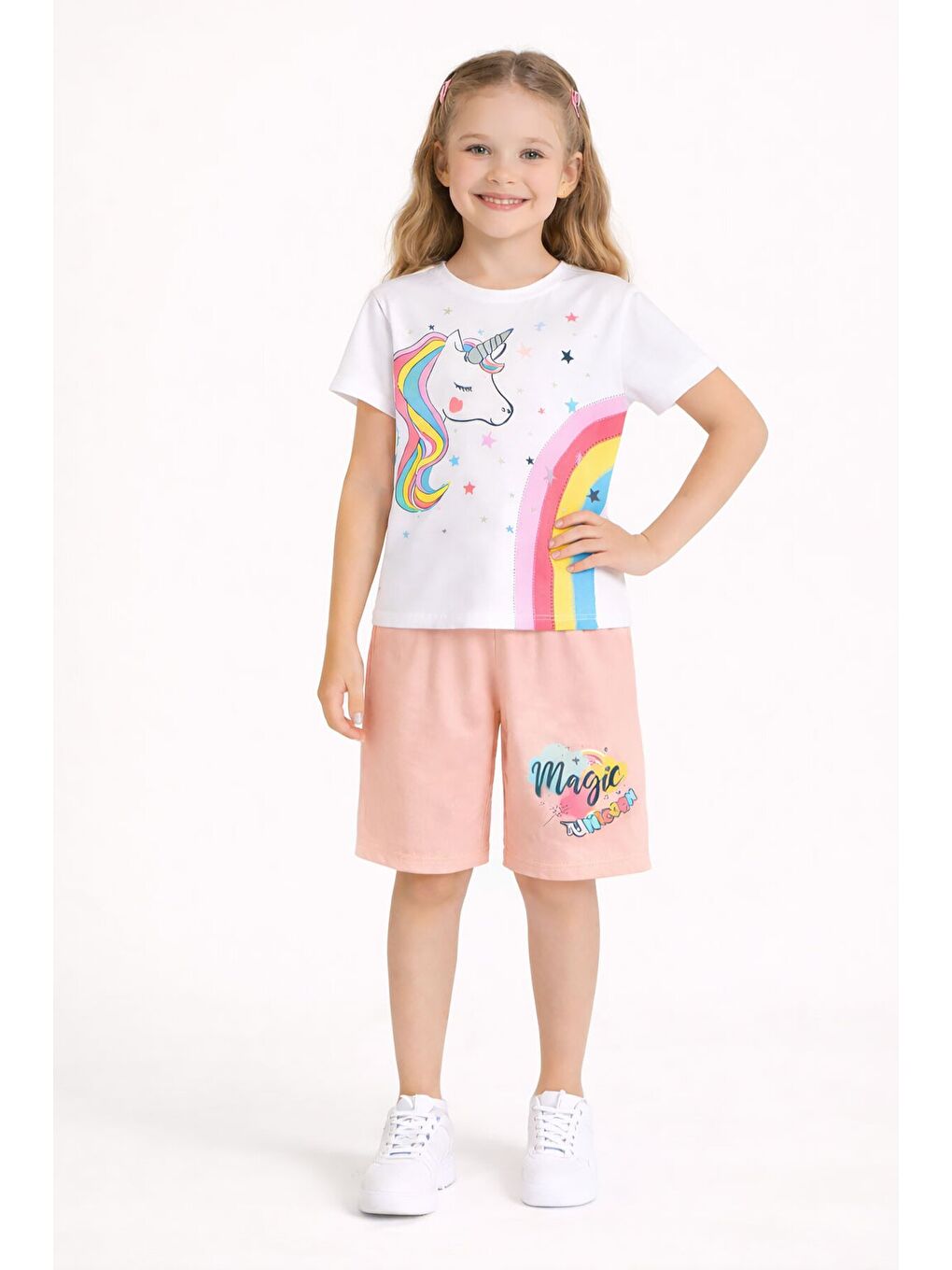 Pembe Somon Baskılı Simli Kız Çocuk Tişörtlü Şortlu Takım 23796-2