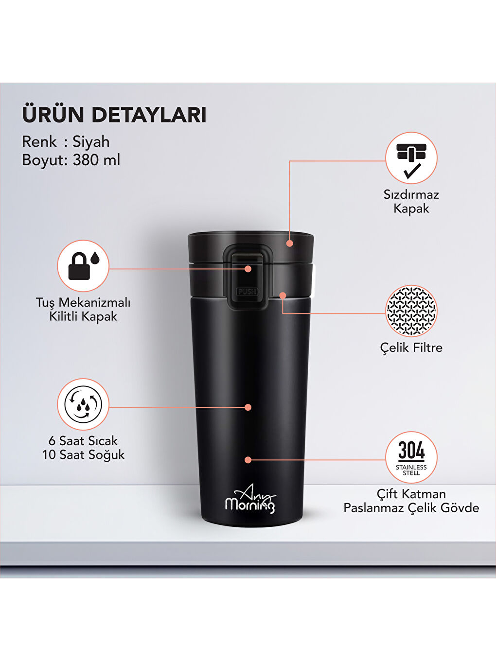 380 ml Paslanmaz Çelik Termos Mug, Tuş Kilitli, Sızdırmaz, Çift Katmanlı, Siyah BA21522-4
