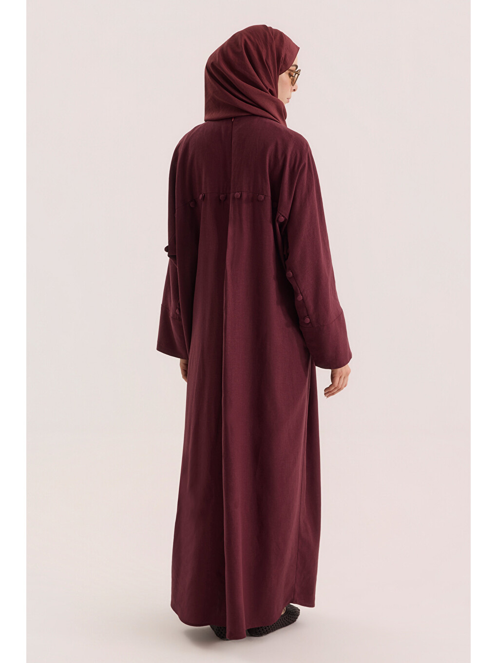 Nervür Detaylı Keten Abaya Bordo-2