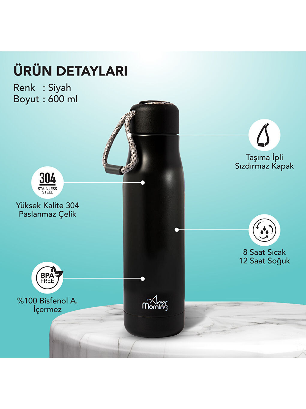 600 ml Paslanmaz Çelik Termos, Çift Katmanlı, Sızdırmaz Kapaklı, Siyah BA21547-3