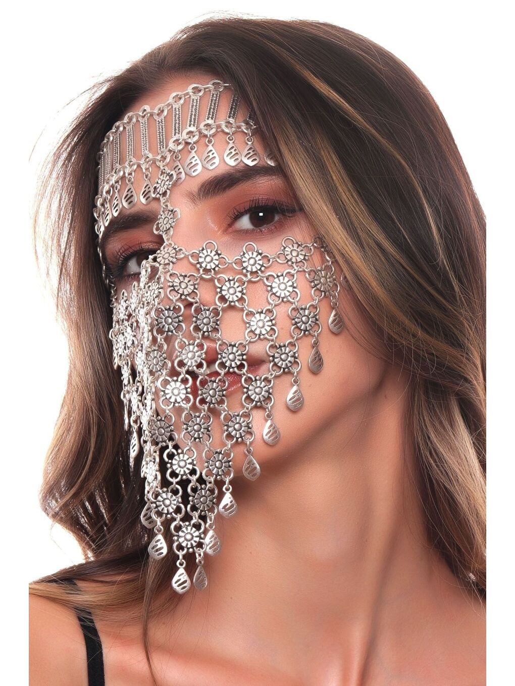 Gri Kadın Antik Gümüş Kaplama Ayarlanabilir El Yapımı Peçe-1