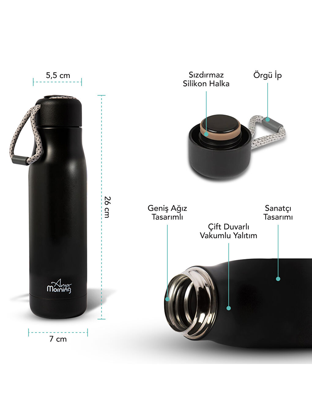 600 ml Paslanmaz Çelik Termos, Çift Katmanlı, Sızdırmaz Kapaklı, Siyah BA21547-4