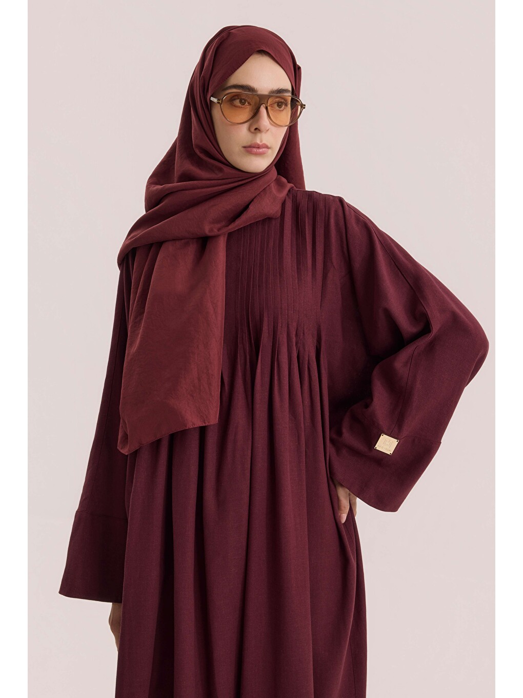 Nervür Detaylı Keten Abaya Bordo-3