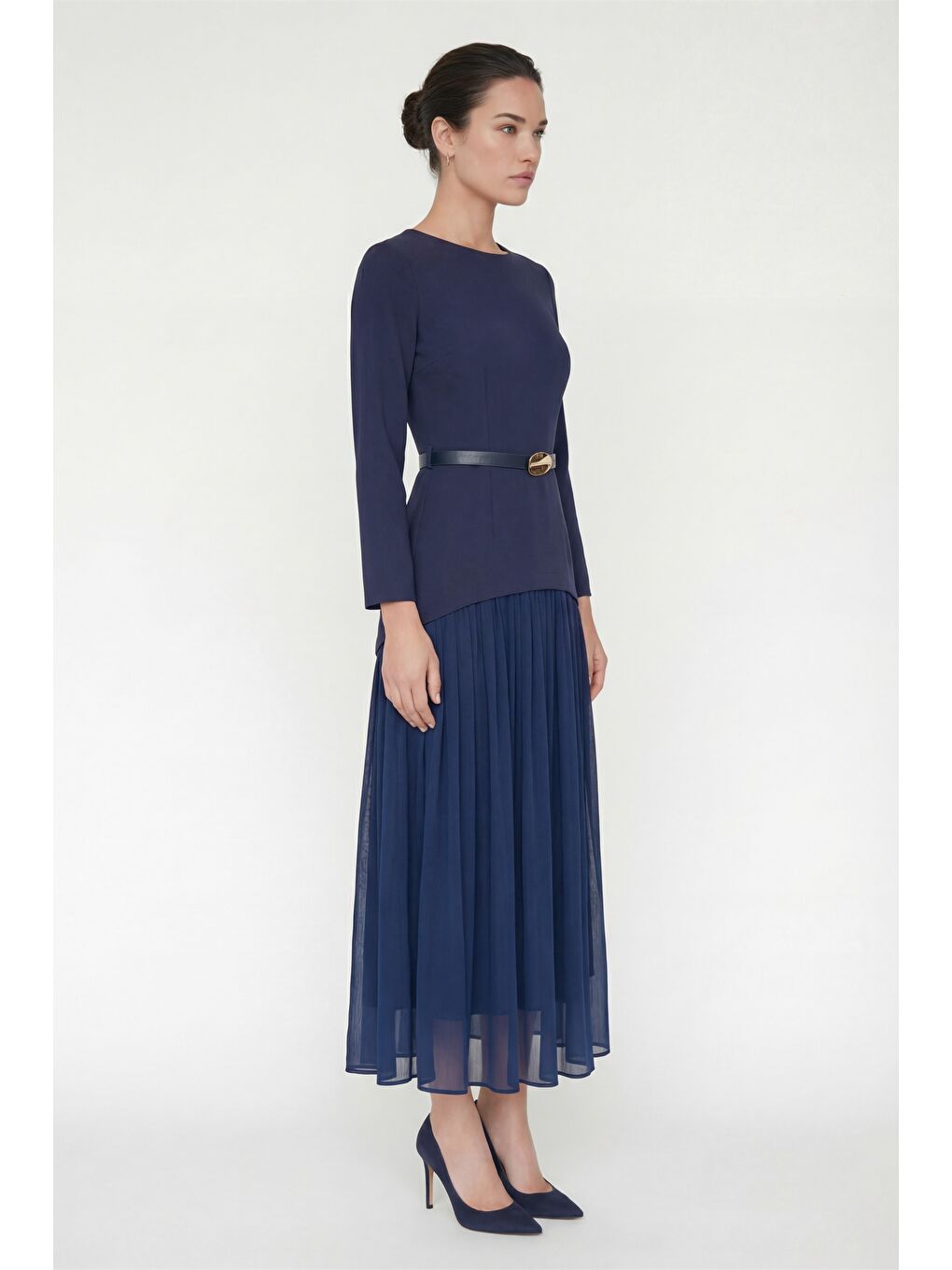 Kadın Lacivert Kemerli Midi Abiye Elbise-1
