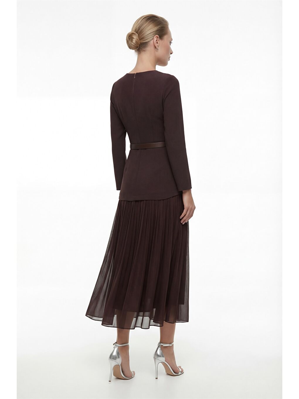 Kadın Kahverengi Kemerli Midi Abiye Elbise-5