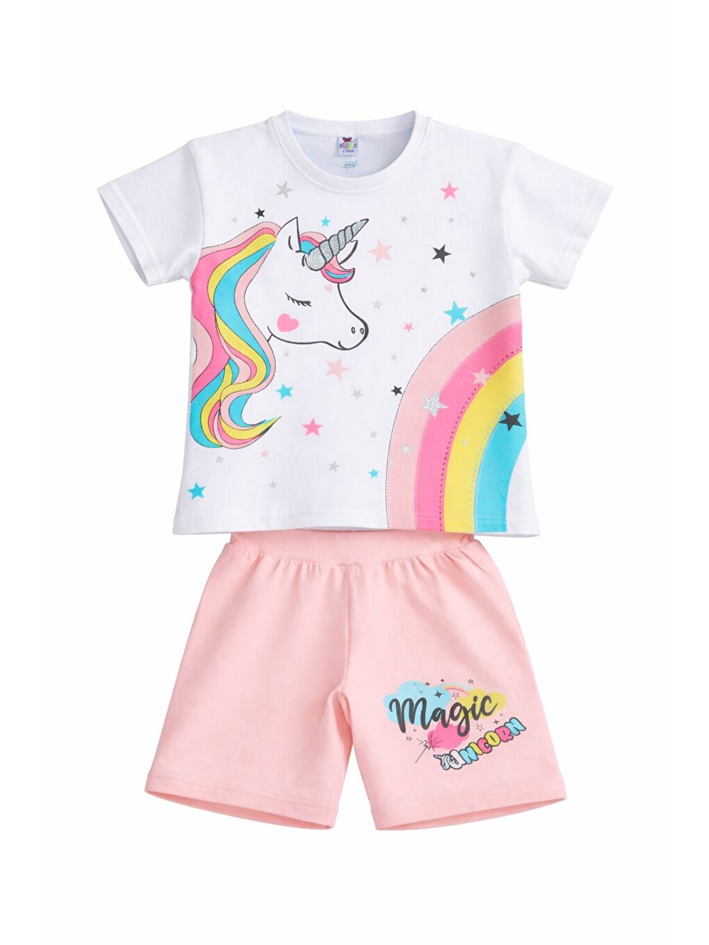 Pembe Somon Baskılı Simli Kız Çocuk Tişörtlü Şortlu Takım 23796-4