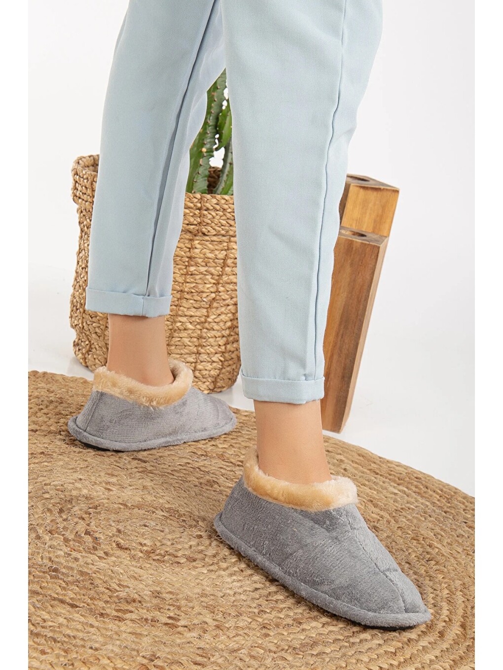 Gri Unisex Pelüş Içi Yünlü Kışlık Panduf Ev Pandufu Lacivert-2