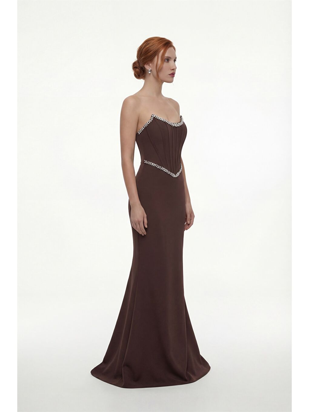 Kadın Kahverengi Dar Kalıp Straplez Taşlı Peplum Kesim Söz Nişan Nikah Abiye-1